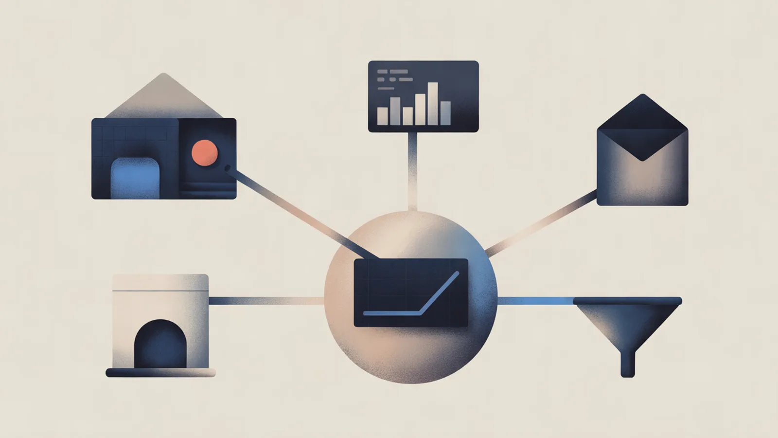 Abstract set of connected blocks representing different marketing and store tools linked to one assistant