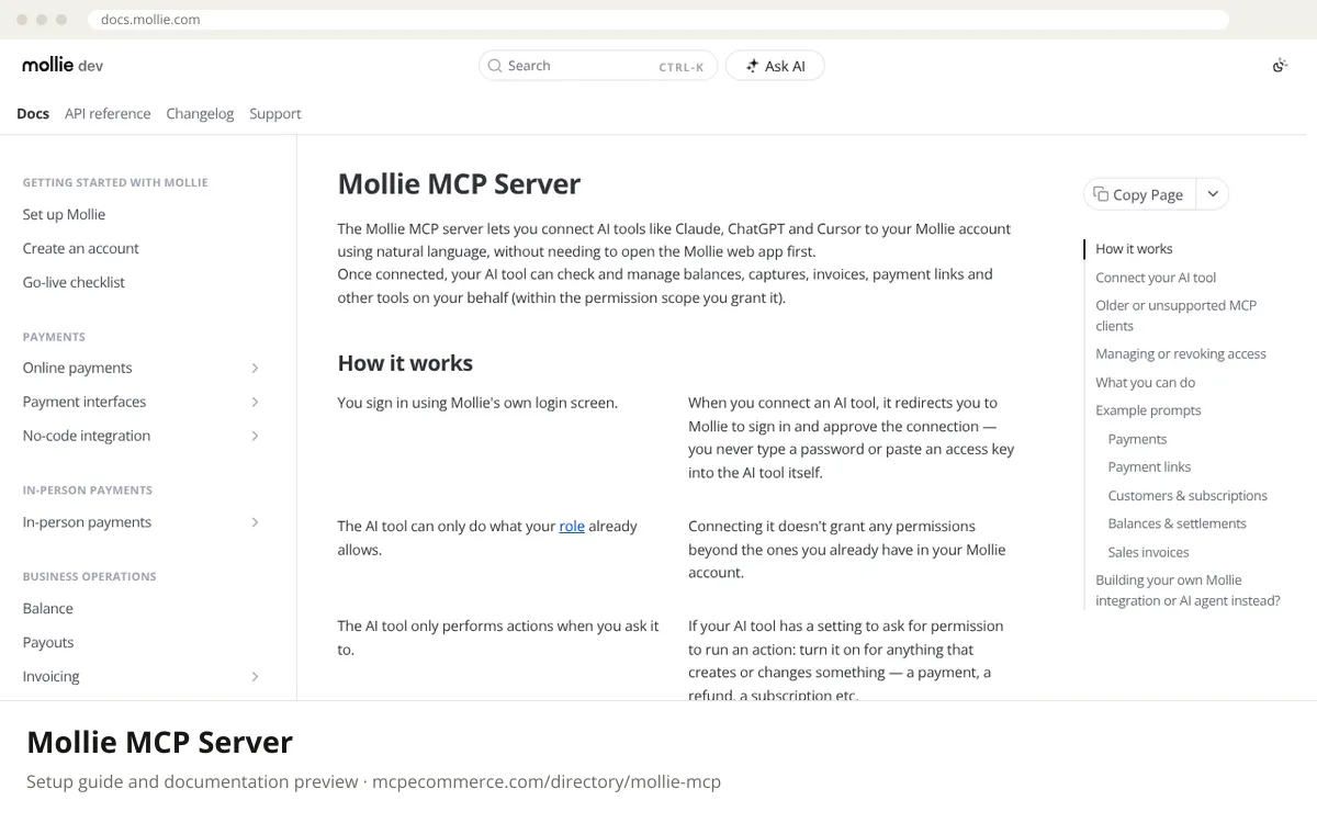 Mollie MCP Server: documentation preview Mollie MCP Server setup guide: Mollie's MCP documentation page on docs.mollie.com, shown in a browser frame (payments MCP server for e-commerce)